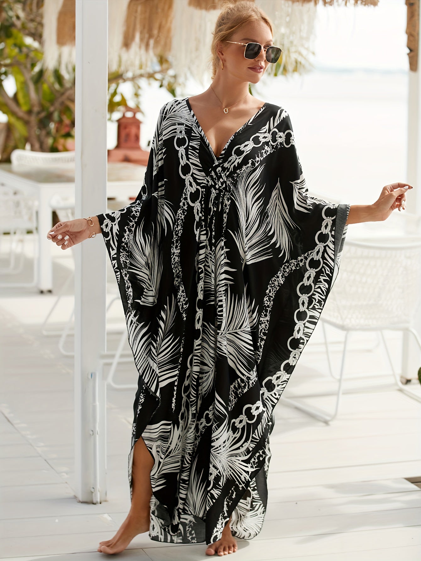 Plus Size Boho Viscose Beach Cover Up Dress - All Over Print Knotted V-Neck Pullover with Woven Fabric, Non-Stretch
